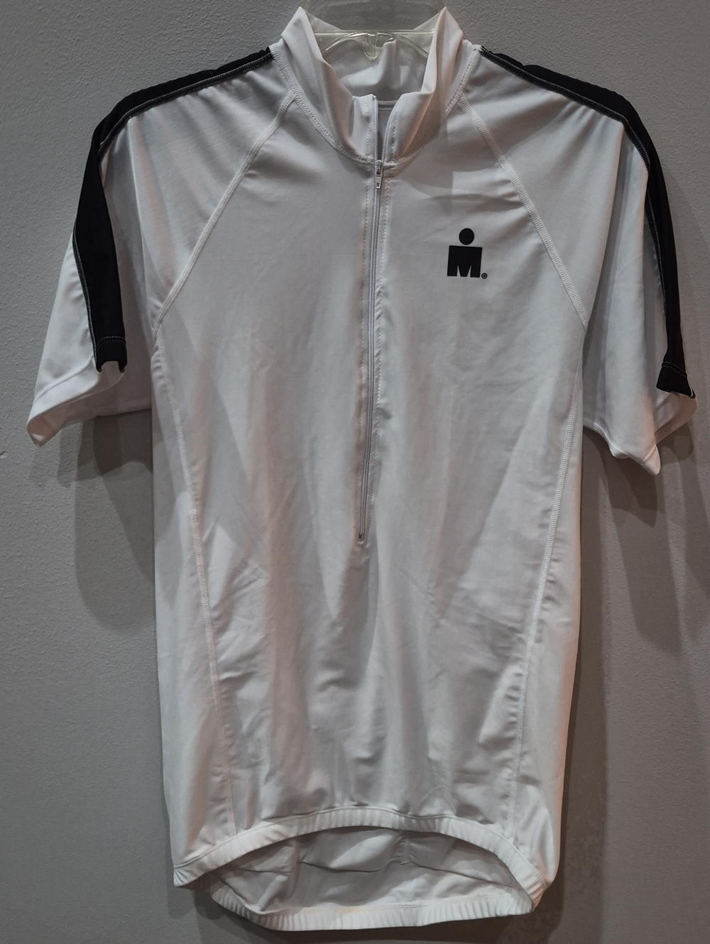 Iron Man White Cycling Jersey Black Shoulder Stripes Mens L Bike Triathlon